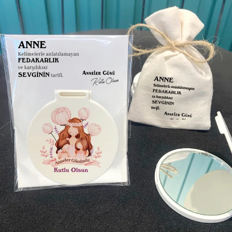 Ayna 005 - Yuvarlak -  Anneler Günü Hediyesi Baskılı Hediyelik Cep Aynası - Detay Görseli 1
