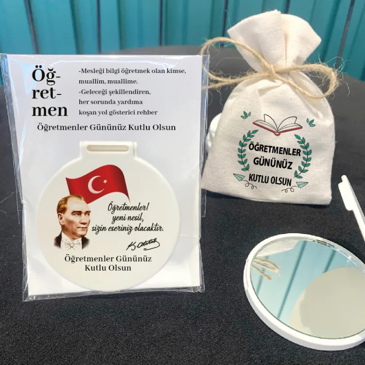 Ayna 018 - Yuvarlak - Öğretmenler Günü Hatırası Baskılı Hediyelik Cep Aynası - Detay Görseli 1