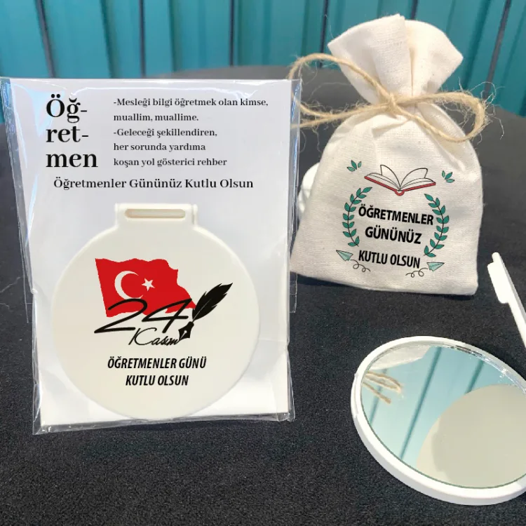 Ayna 019 - Yuvarlak - Öğretmenler Günü Hatırası Baskılı Hediyelik Cep Aynası - Detay Görseli 2
