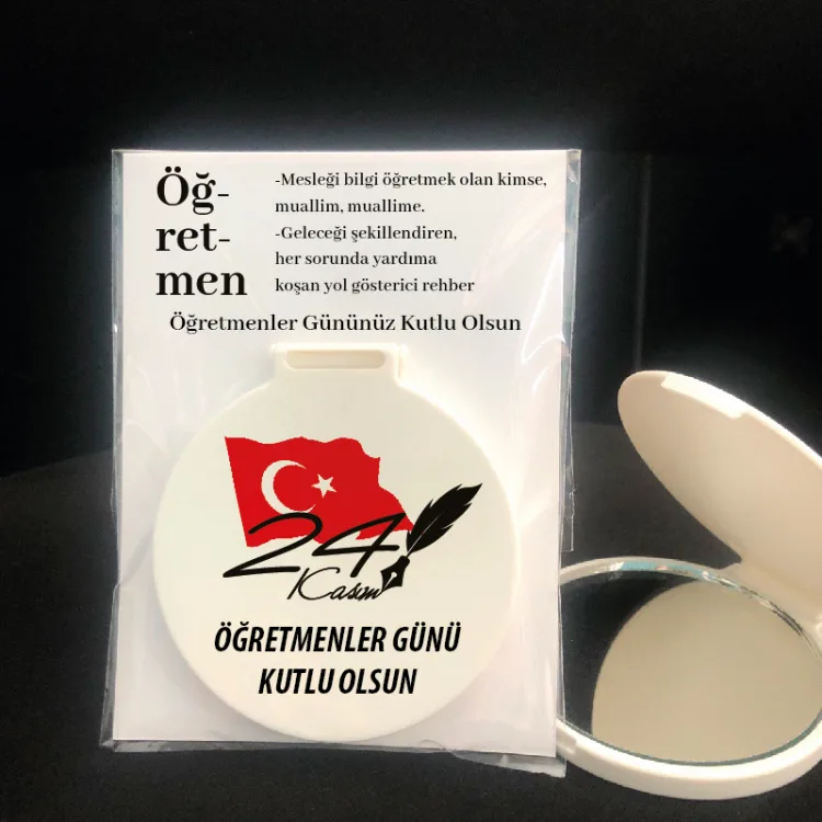 Ayna 019 - Yuvarlak - Öğretmenler Günü Hatırası Baskılı Hediyelik Cep Aynası - Detay Görseli 1