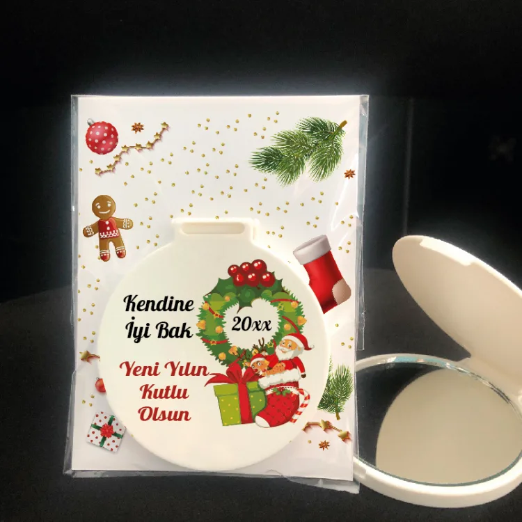 Ayna 022 - Yuvarlak -  Yeni Yıl Hediyesi Baskılı Hediyelik Cep Aynası - Detay Görseli 2