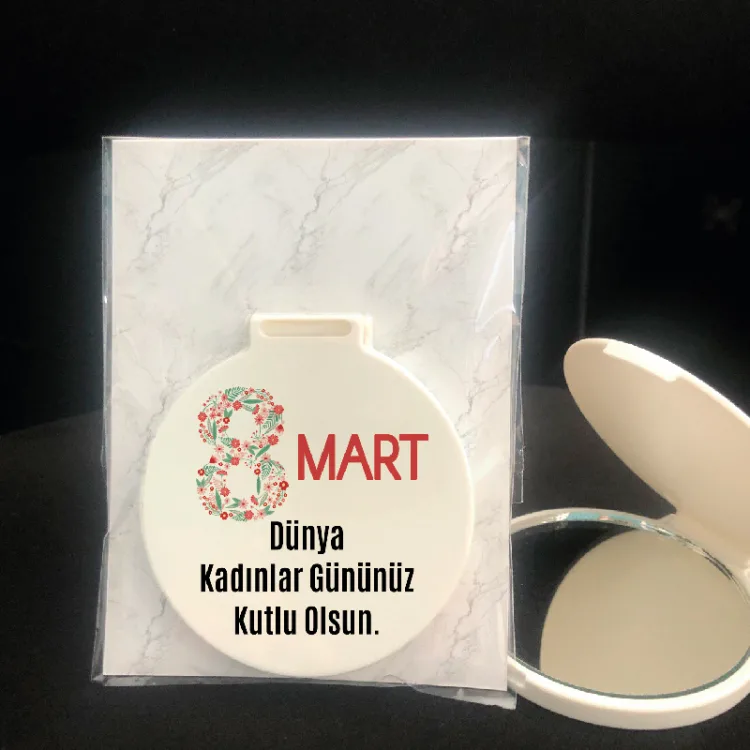 Ayna 025 -  Yuvarlak 8 Mart Kadınlar Günü Baskılı Hediyelik Cep Aynası - Detay Görseli 2