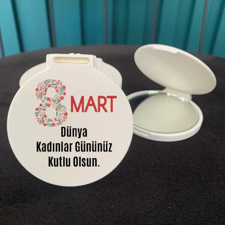 Ayna 025 -  Yuvarlak 8 Mart Kadınlar Günü Baskılı Hediyelik Cep Aynası