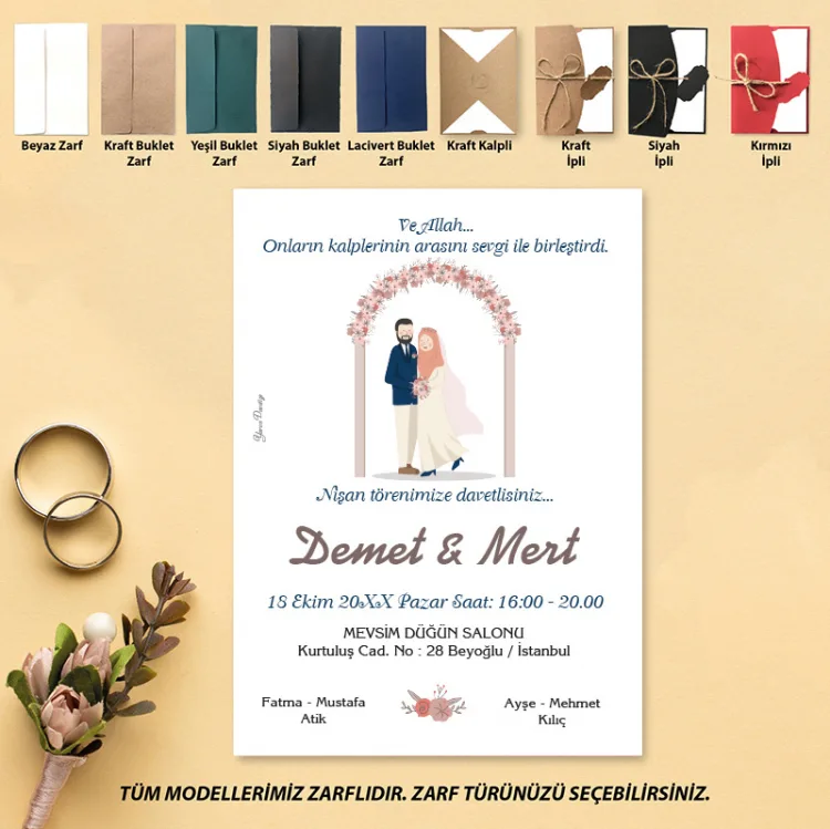 Yaren Davetiye 0111 - Tesettürlü Gelin Damat Tasarım