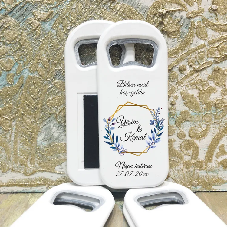Dikdörtgen Açacaklı Magnet 01000 - Mavi Çiçekli Nişan,  Söz, Nikah Hediyelik Magnet