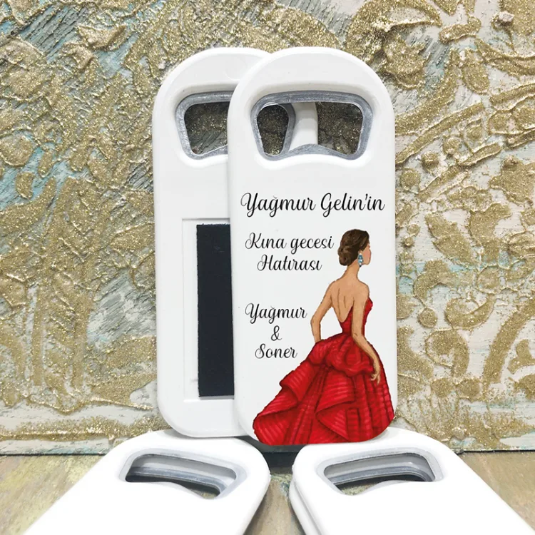 Dikdörtgen Açacaklı Magnet 01140 - Kırmızı Elbiseli Kına Kızı Hediyelik Magnet