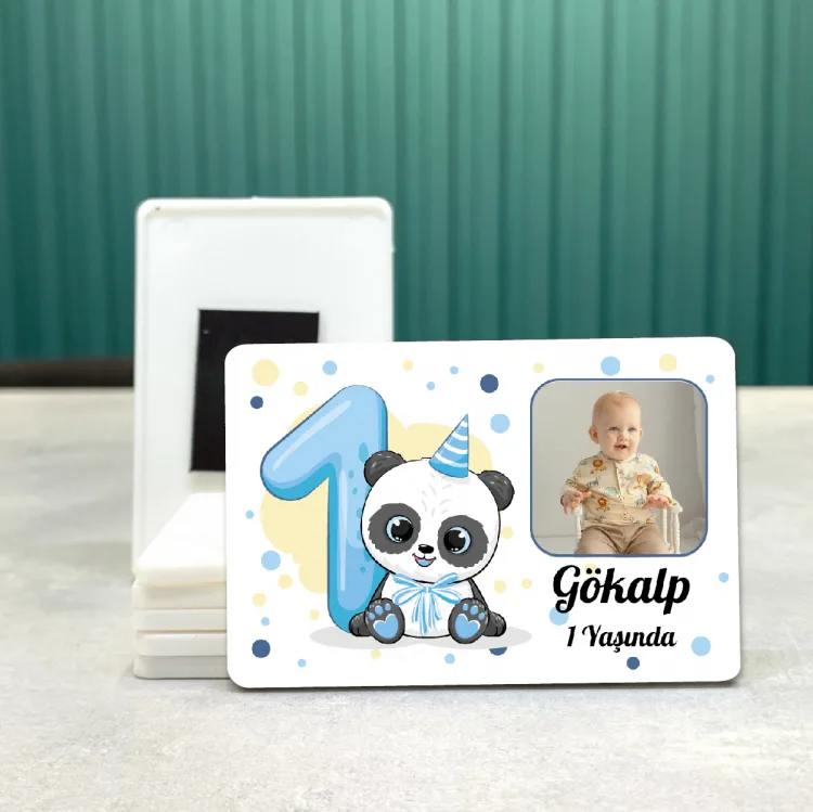 Dikdörtgen 509-1 Yaş Magnet - Fotoğraflı Sevimli Panda Tasarımlı Doğum Günü Yaş Magneti