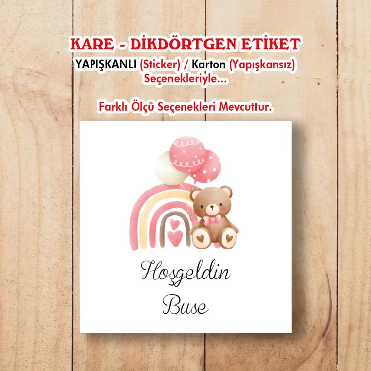 Kare Etiket 198 - Sevimli Ayıcık Pembe Tasarım