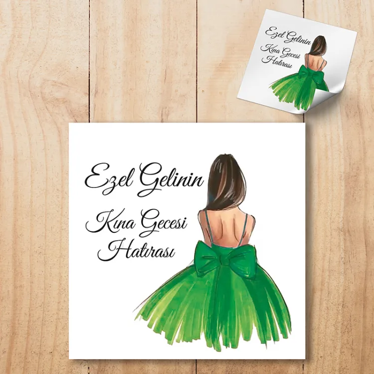 Kare Etiket 027 - Yeşil Elbiseli Kına Kızı Tasarım Sticker