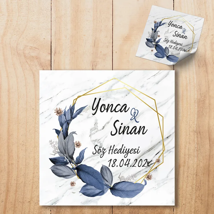 Kare Etiket 039 - Mavi Yapraklı Düğün, Nişan, Söz Hatırası Sticker