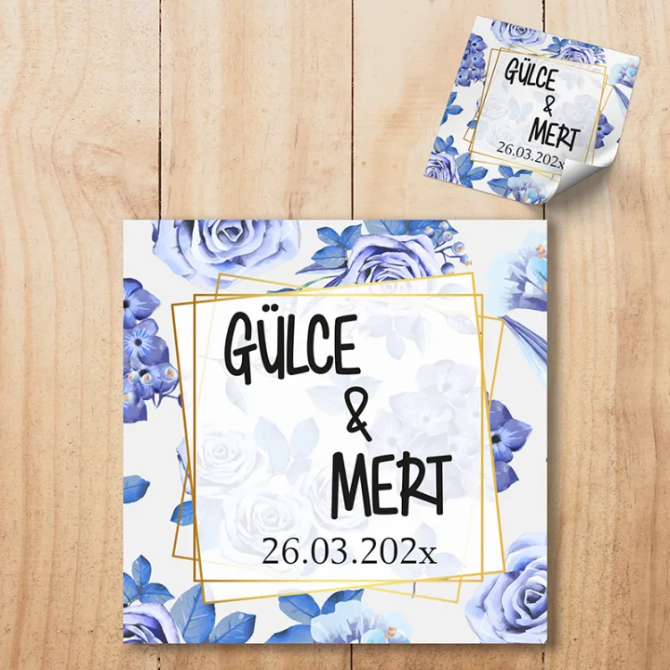Kare Etiket 052 - Mavi Çiçekli Çikolata Etiketi