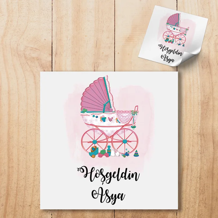 Kare Etiket 084 - Pembe Bebek Araba Tasarım Etiket