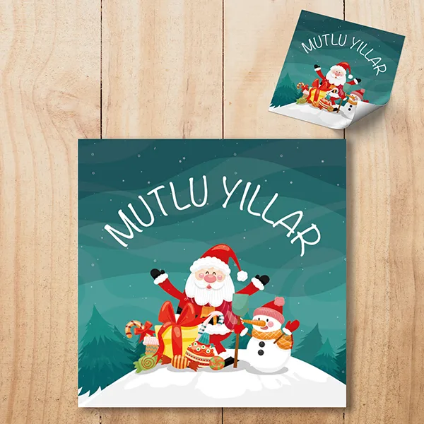 Kare Etiket 130 - Kardan Adam - Mutlu Yıllar - Yılbaşı - Yeni Yıl Tasarım Sticker