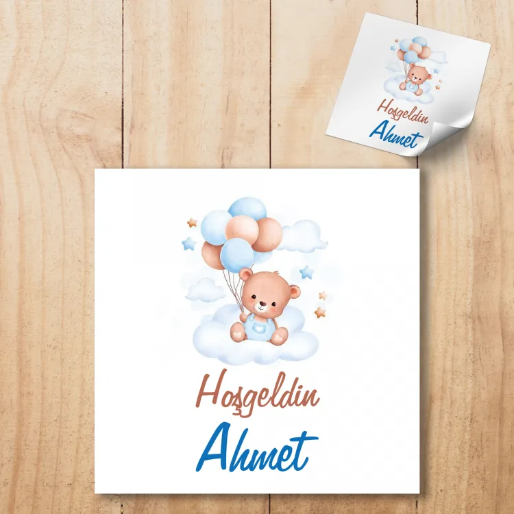 Kare Etiket 139 - Ayıcık Mavi Balonlu Etiket