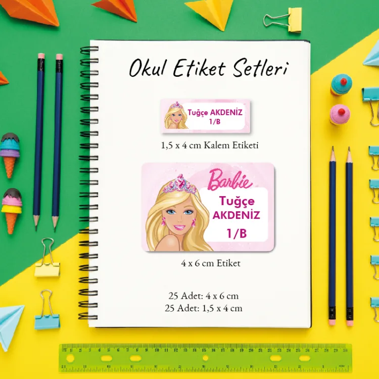 Okul Etiketi + Kalem Etiketi Set 009 - Barbie Tasarım