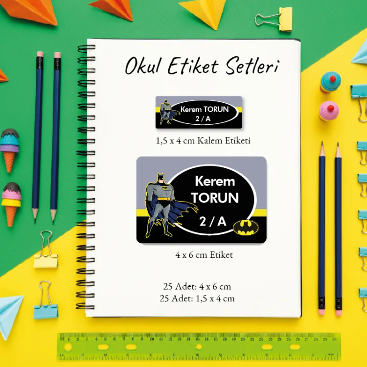 Okul Etiketi + Kalem Etiketi Set 010 - Batman Tasarım