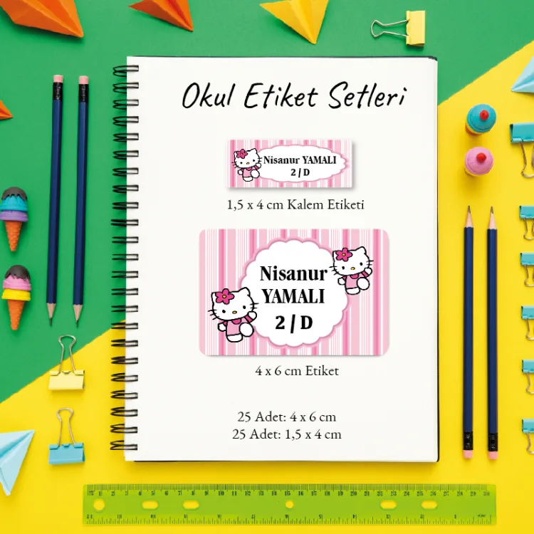 Okul Etiketi + Kalem Etiketi Set 029  -Hello Kitty Tasarım