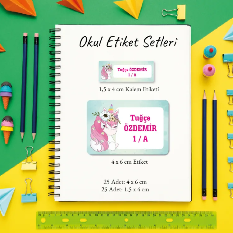Okul Etiketi + Kalem Etiketi Set 051 - Unicorn Tasarım