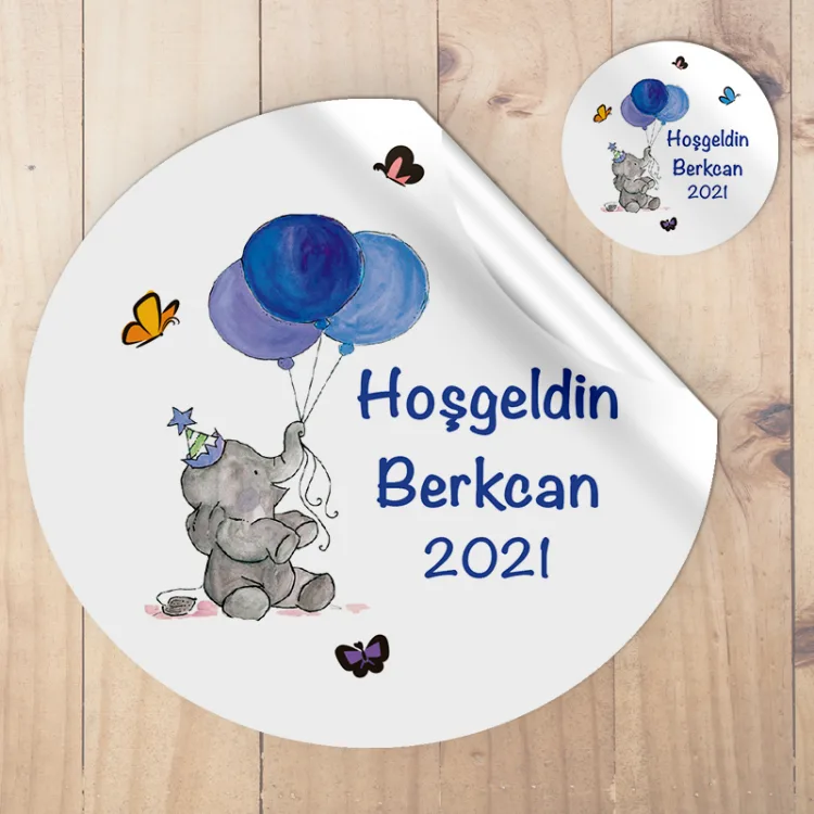 Yuvarlak Etiket 064 - Mavi Balonlu Fil Tasarım