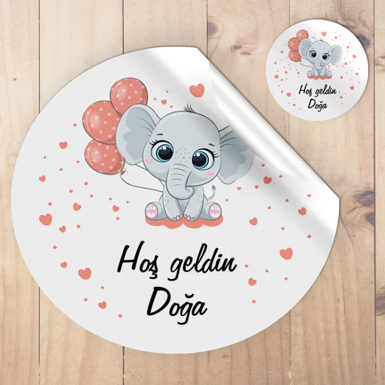 Yuvarlak Etiket 065 - Pembe Balonlu Fil Tasarım