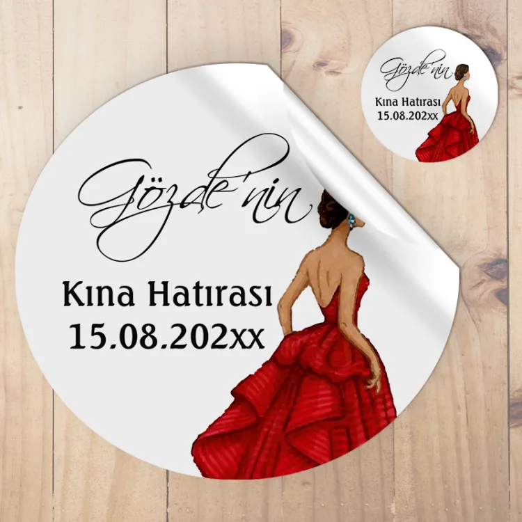 Yuvarlak Etiket 093 - Kına Kızı Kırmızı Elbiseli Tasarım