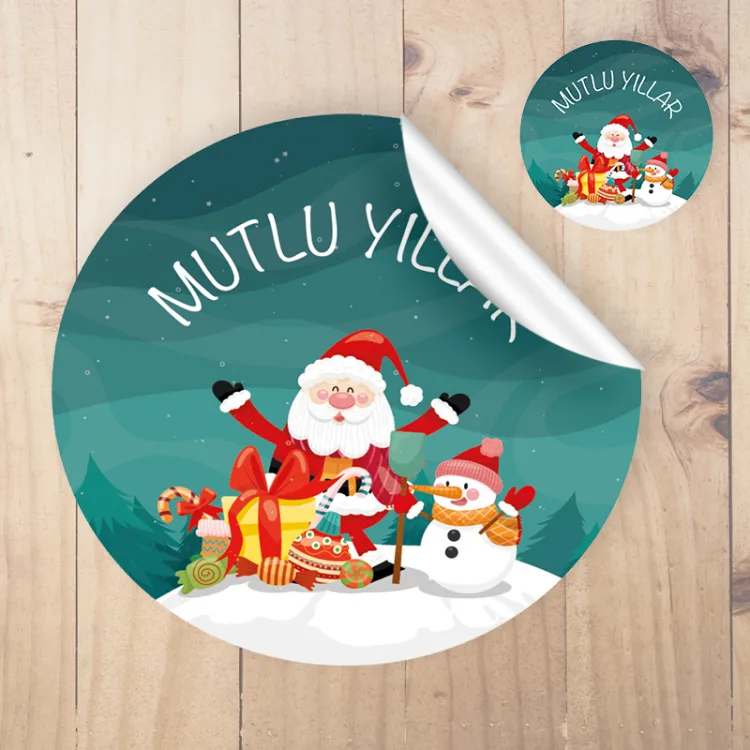 Yuvarlak Etiket 130 - Kardan Adam - Mutlu Yıllar - Yılbaşı - Yeni Yıl Tasarım Sticker