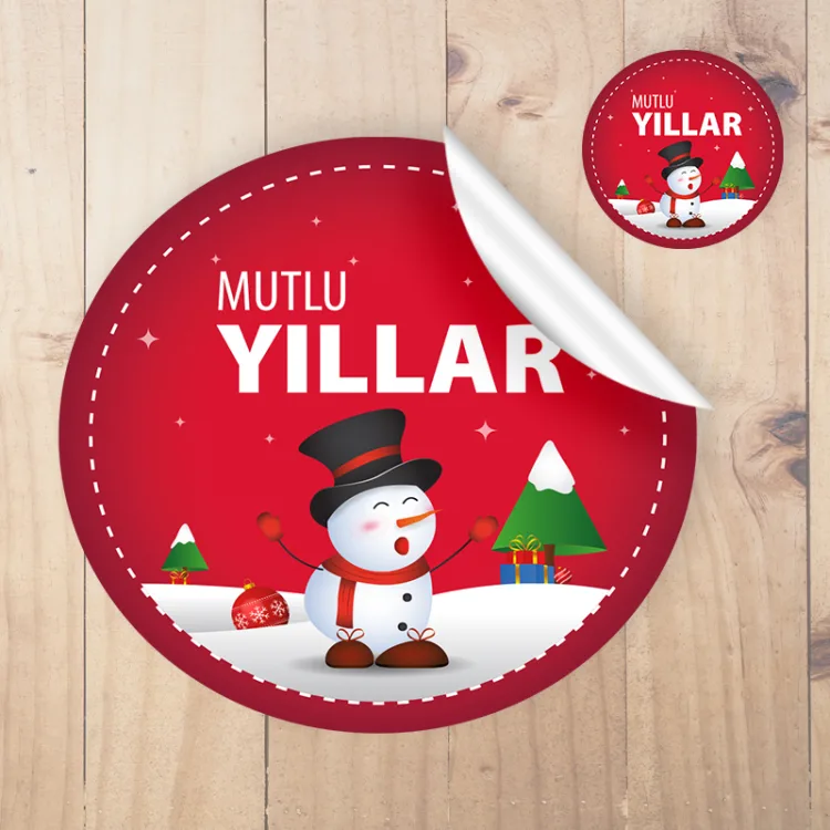 Yuvarlak Etiket 138  - Kardan Adam  - Mutlu Yıllar - Yılbaşı - Yeni Yıl Tasarım Sticker