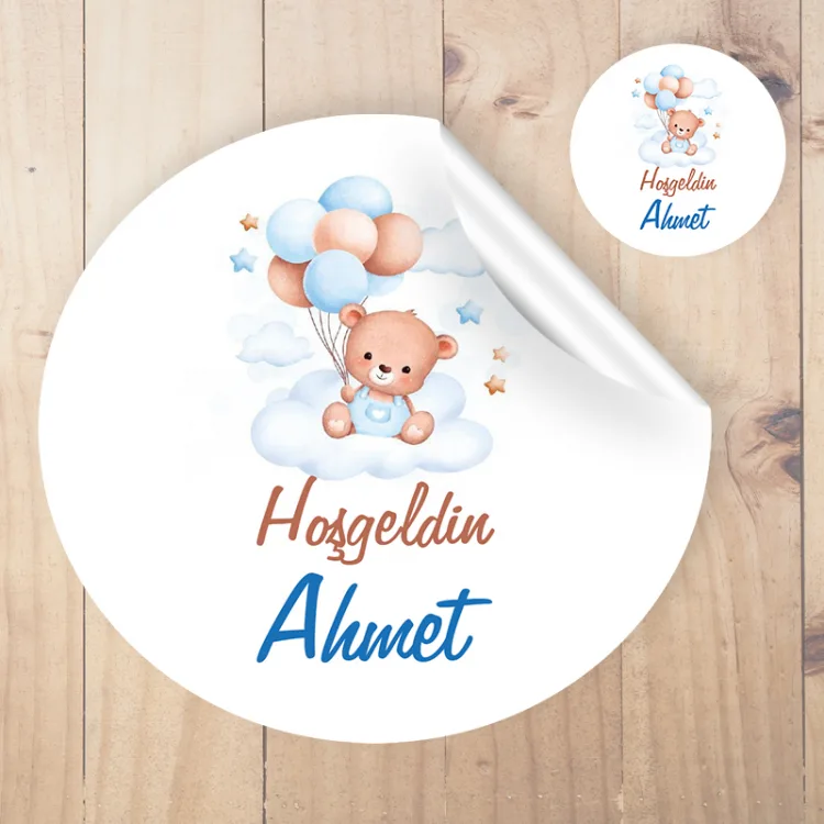 Yuvarlak Etiket 139 - Sevimli Ayıcık Mavi Balonlu Etiket