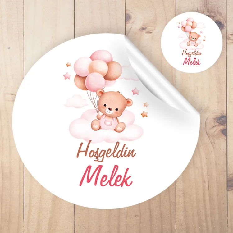 Yuvarlak Etiket 140 - Sevimli Ayıcık Pembe Balonlu Etiket