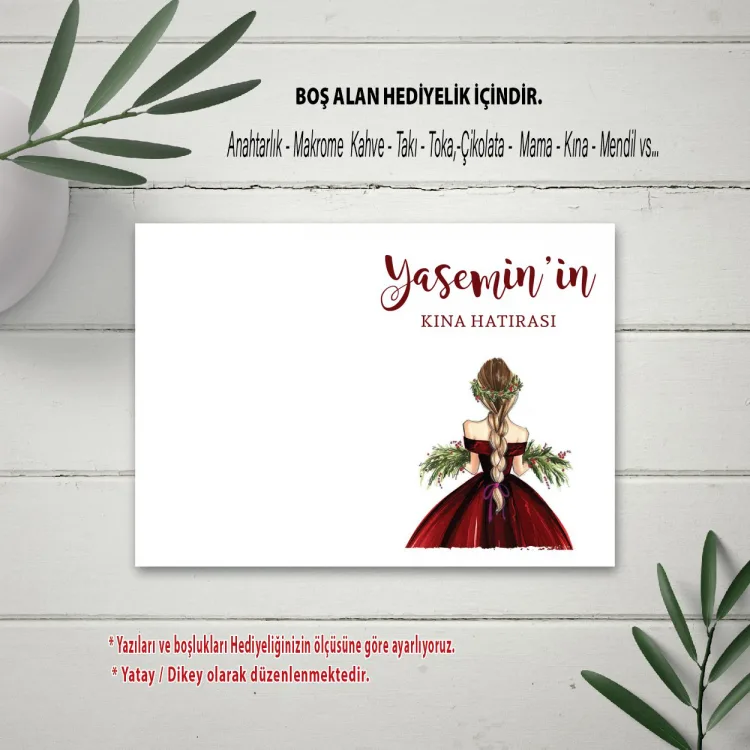 Hediyelik Kartı 0020 - Kırmızı Elbiseli Kına Kızı Temalı Mendil Hediye Kartı - Detay Görseli 2
