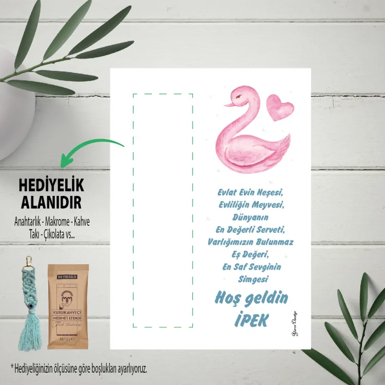 Hediyelik Kartı 0083 - Kuğu Tasarım Makrome Anahtarlık Kartı