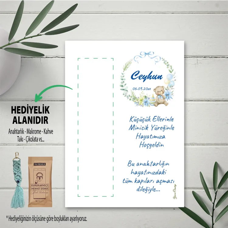 Hediyelik Kartı 0194 - Mavi Ayıcık Temalı Makrome Anahtarlık Kartı