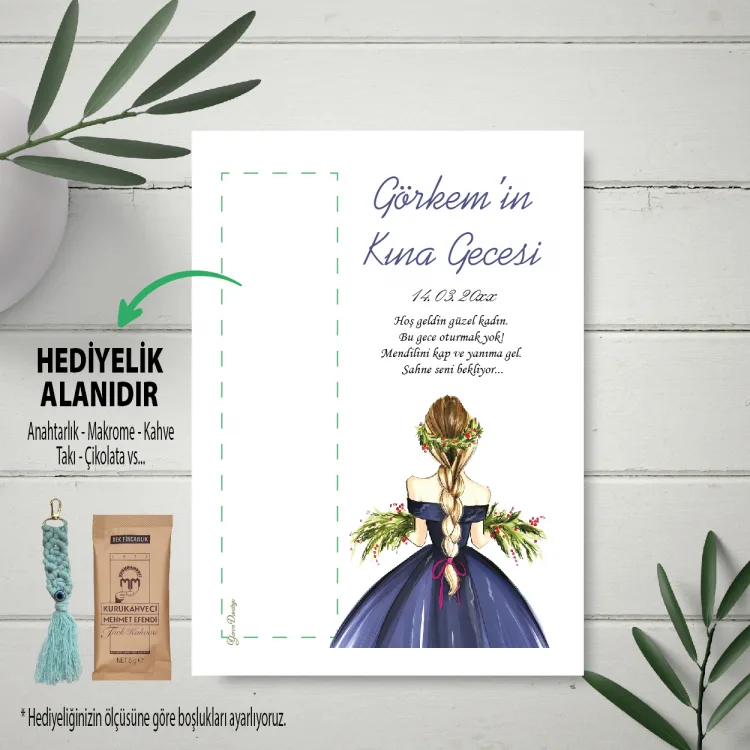 Hediyelik Kartı 0238 -Lacivert Elbiseli Kına Kızı Tasarım