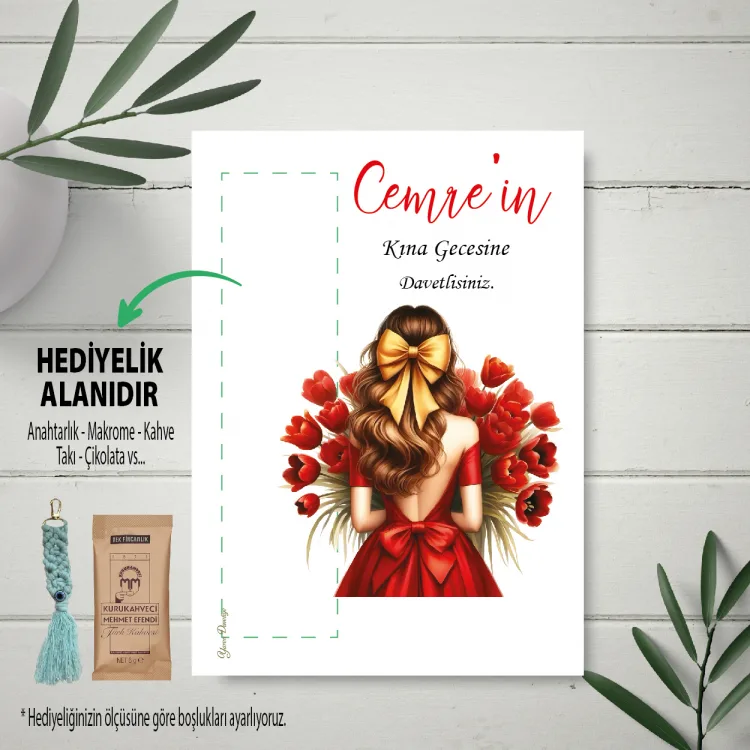 Hediyelik Kartı 0239 -Kırmızı Elbiseli Kına Kızı Tasarım