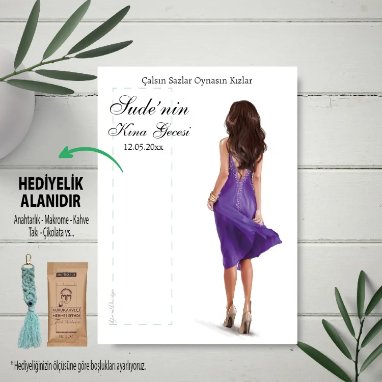 Hediyelik Kartı 0241 -Mor Elbiseli Kına Kızı Tasarım