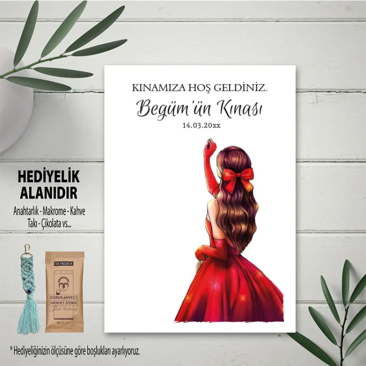 Hediyelik Kartı 0260 - Kırmızı Elbiseli Kına Kızı Anahtarlık Kartı