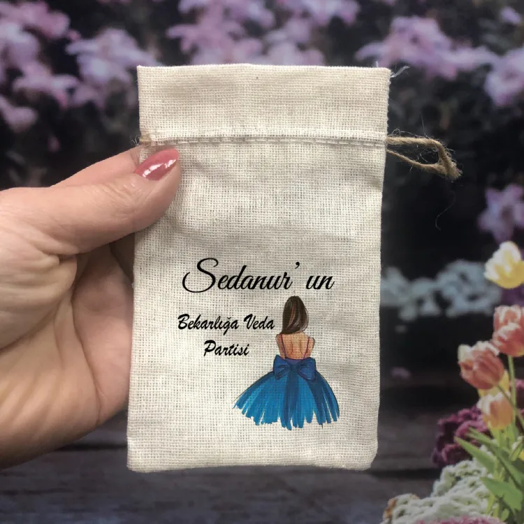 Baskılı Kese 0032 Mavi Elbiseli Kına Kızı Temalı Hediyelik Kese - Detay Görseli 1